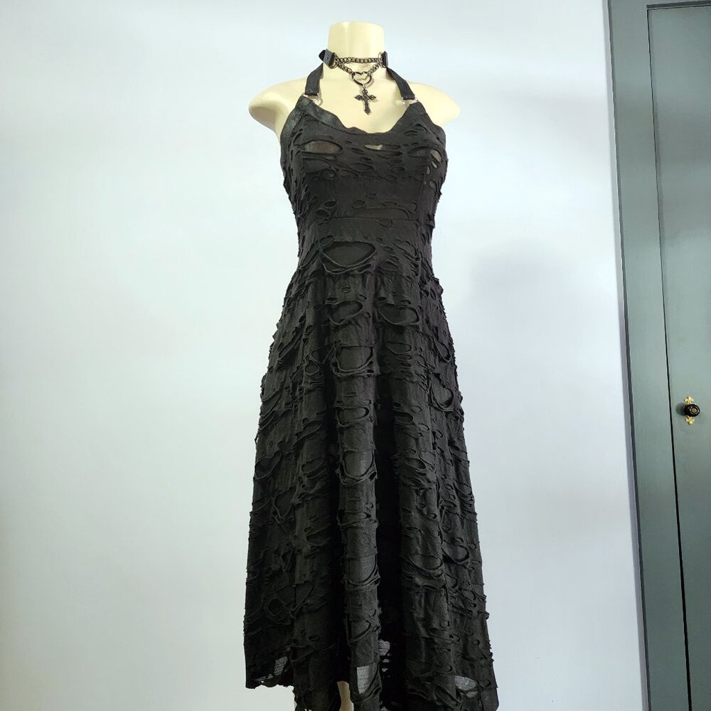 Killstar Gothic Nightwire Halter Asymmetrical Front Distressed Dress Size Small